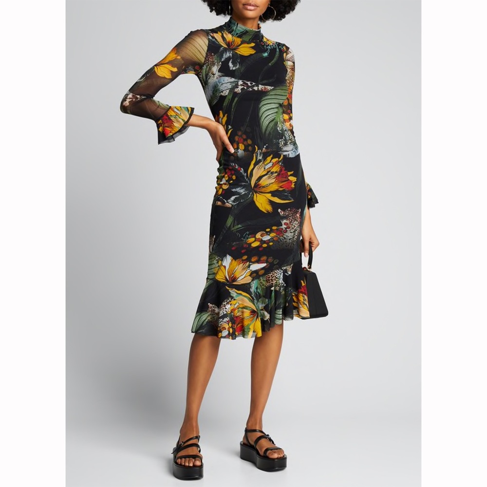 NWT Fuzzi jungle-print mock neck mesh ruffle dress